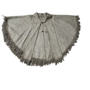 Wool Blend Cape Poncho Mexican Inspired Fringe Brown Gray Boho Wrap